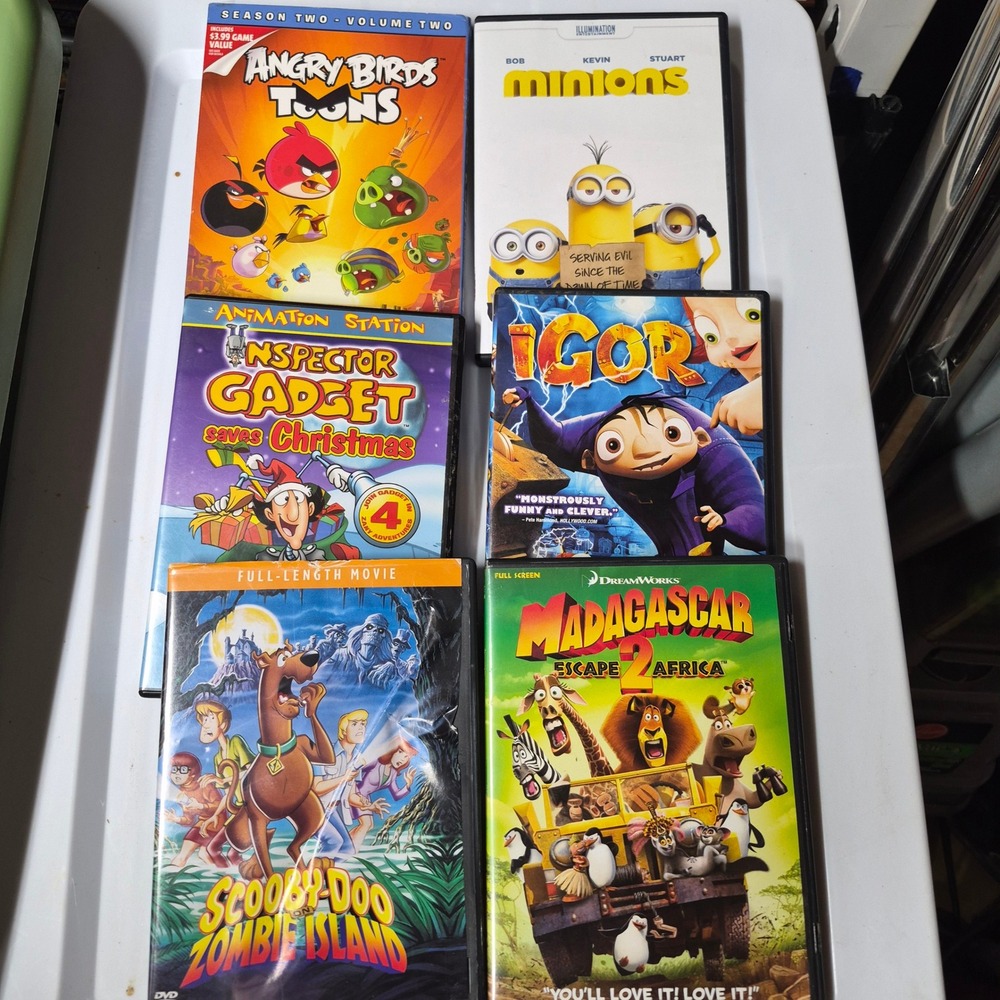 Kids DVD Movie Lot 6 Scooby-Doo Madagascar Minions Igor Angry Birds Gadget
